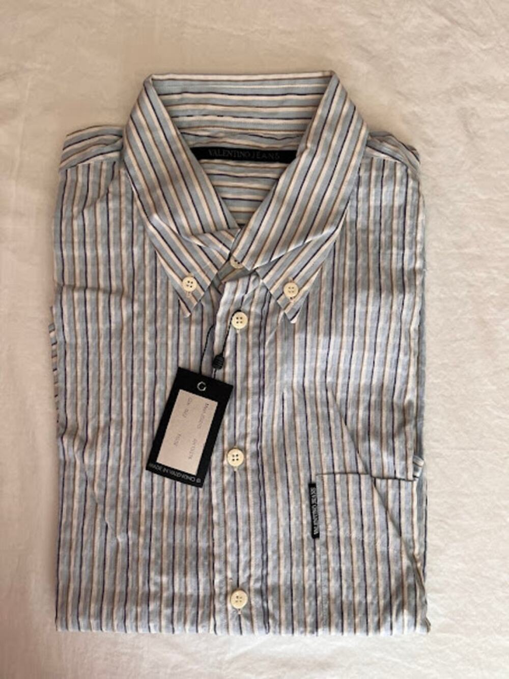 Vintage 80s New Valentino Jeans Shirt Stripe Seersucker Button Down Size XL